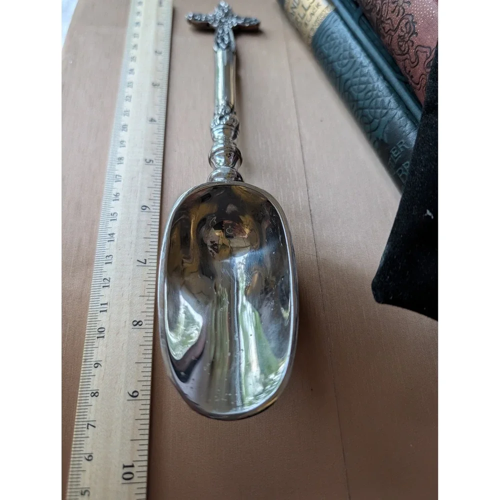 Vintage Silver Plated Spoon Cross Handle‎ Sugar Nut Scoop with Pouch Religious